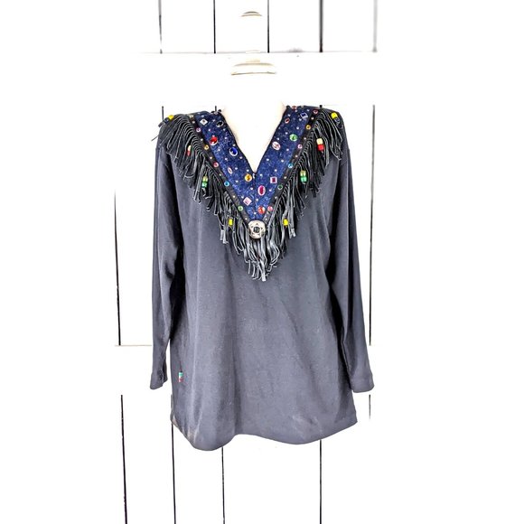 Black long sleeve western beaded stud gemstone fringe vneck tshirt top - Picture 2 of 4